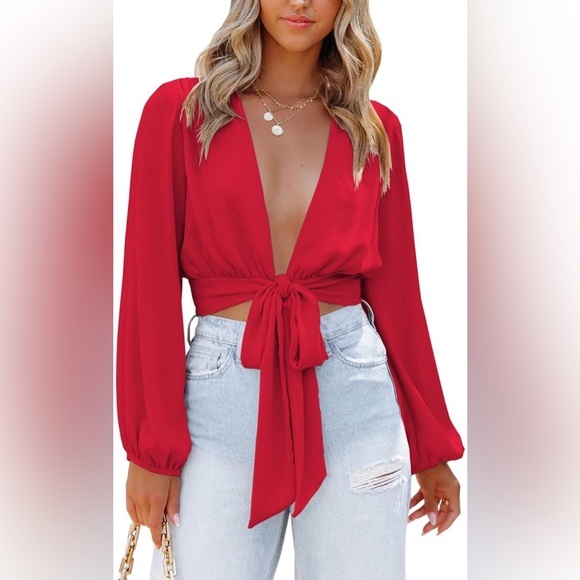 Red front tie long sleeve top - Picture 1 of 3